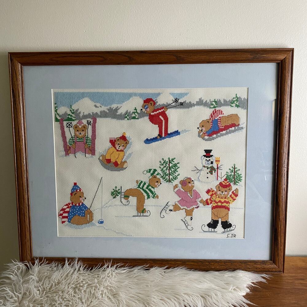 Vintage 1980s Cross Stitch Teddy Bear Christmas Winter Scene Framed Art